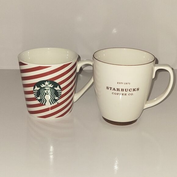 Starbucks Mugs Set of 2 Striped Christmas and Brown Coffee Co Mugs - Picture 1 of 5